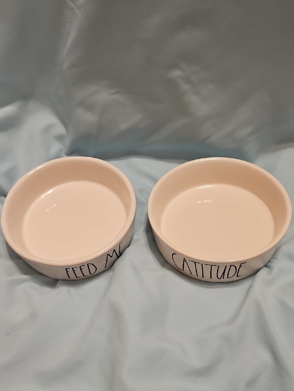 Set of Two White RAE DUNN Ceramic Cat Bowls - Feed Me & Catitude